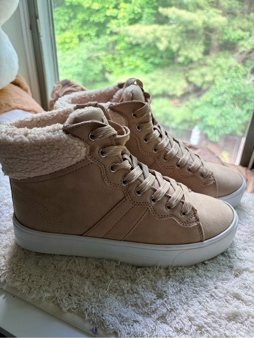 Marc Fisher Lace-Up Shearling Collar High-Top Boots in Light Tan